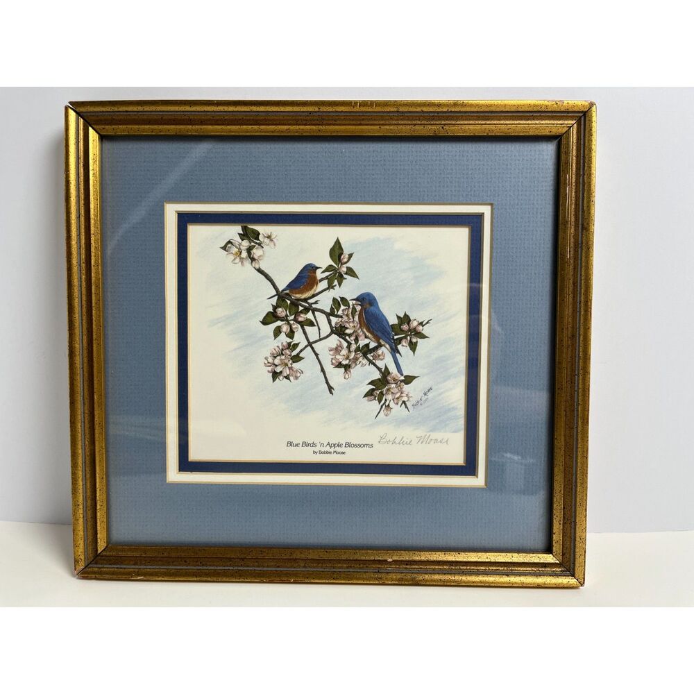 Bobbie Moose Blue Birds n Apple Blossoms 1984 Signed Vintage Framed Art Print